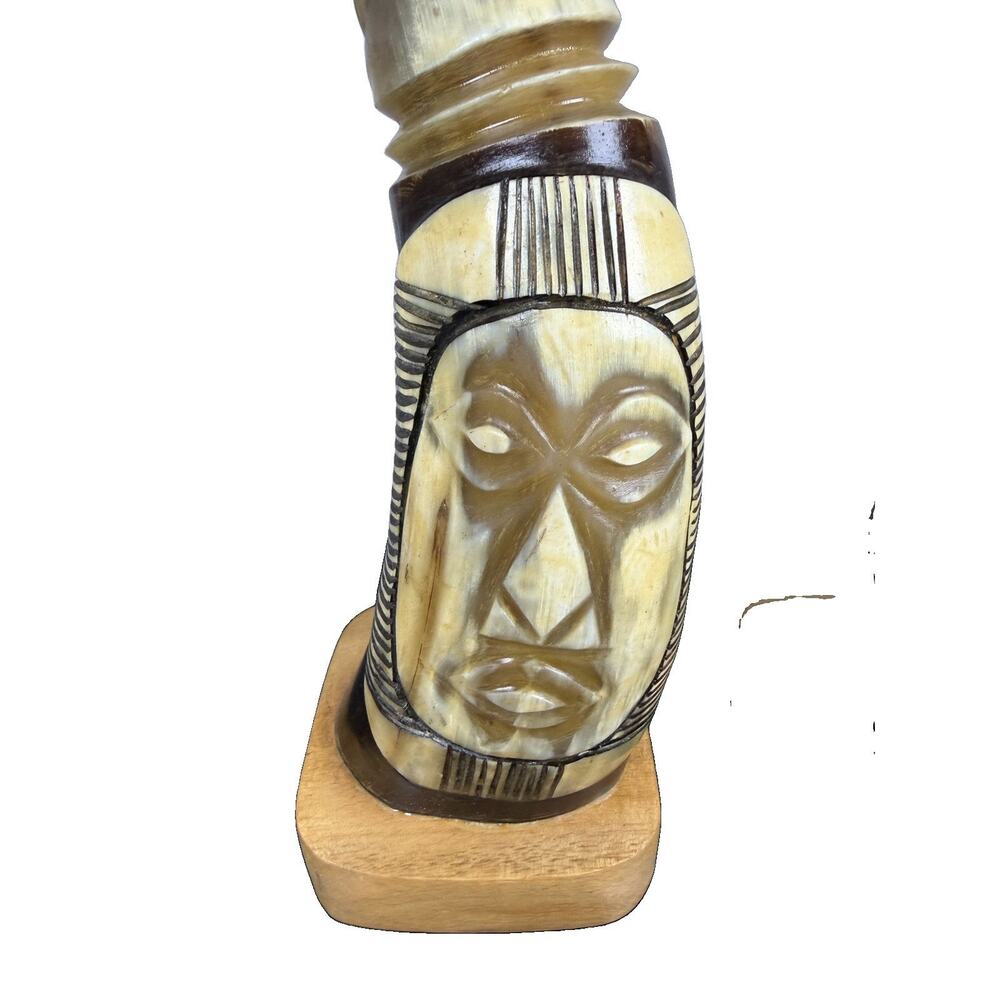 Vintage Carved Cattle Horn Mask Sculptures Pair Folk Art Boho - Picture 4 of 11